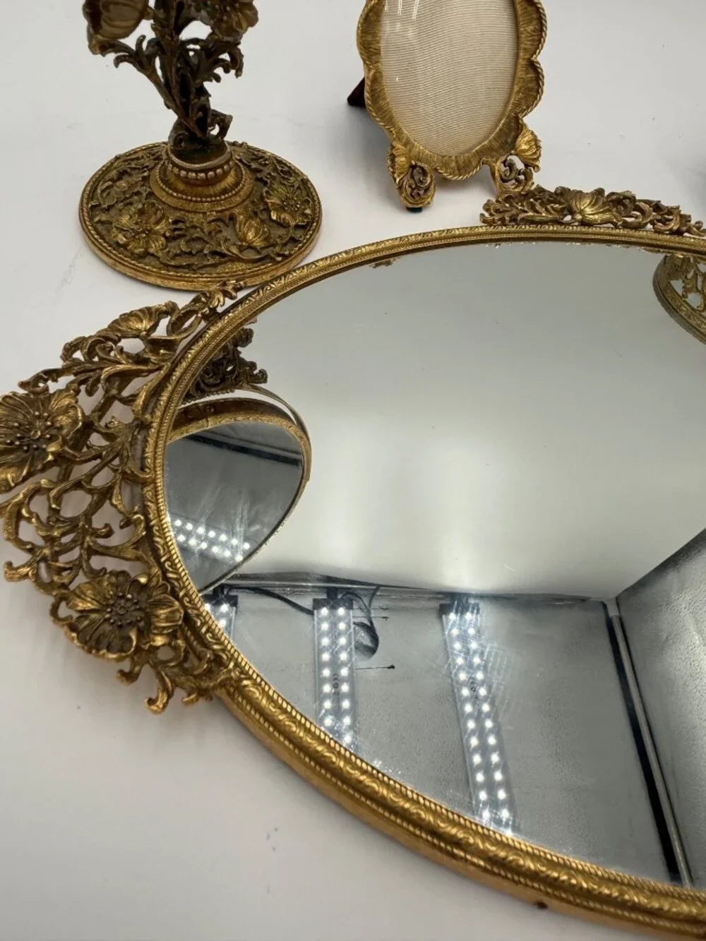 Vintage Gold Vanity Set With Hand Mirror Comb Brush Tray Jewelry Box & Small Fra
